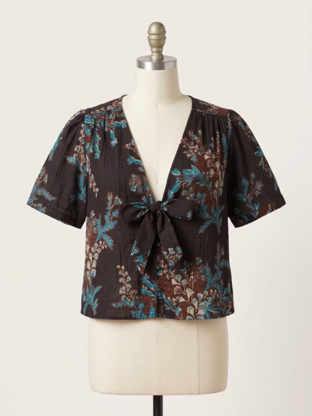 Free People Floral Crinkle Tie Front Blouse Small Brown Turquoise Boho Top - Picture 1 of 7